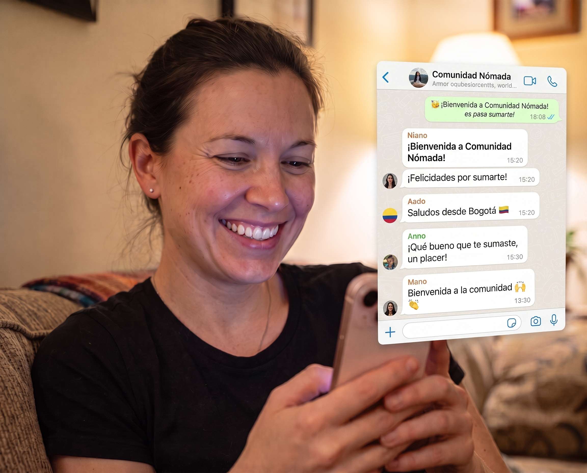 Persona sonriendo al recibir mensajes de bienvenida en el grupo WhatsApp de Comunidad Nómada
