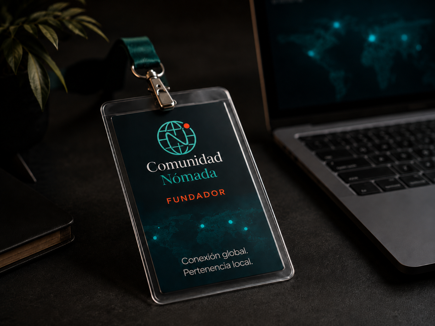 Credencial de Miembro Fundador de Comunidad Nómada con lanyard teal y texto Conexión global, Pertenencia local