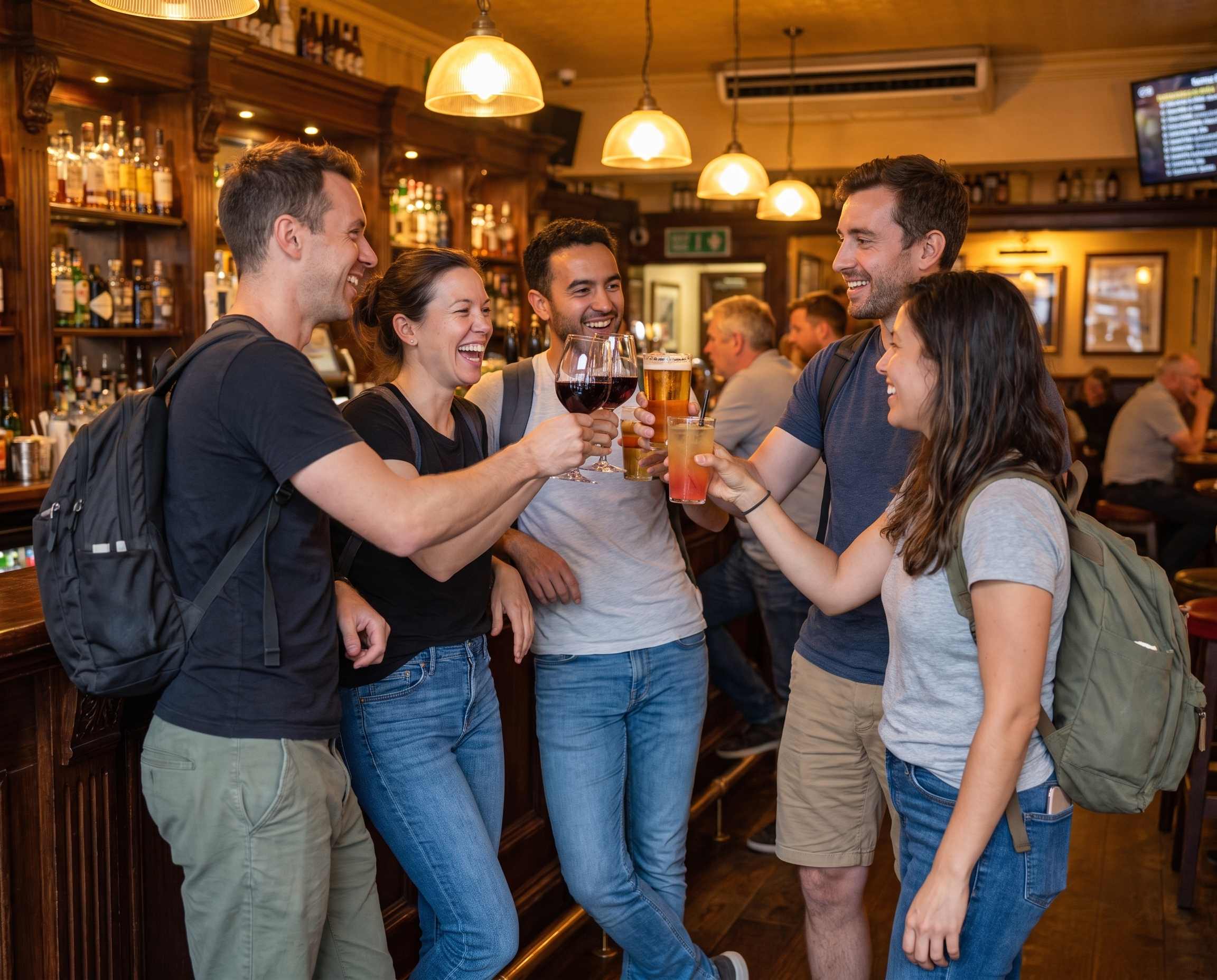 Grupo de miembros de la comunidad brindando y riendo juntos en un encuentro presencial