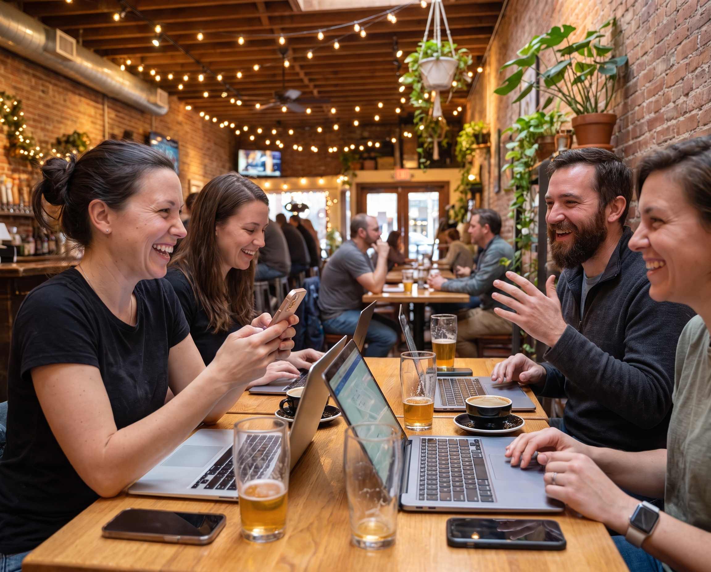Miembros de la comunidad reunidos en persona en una cafetería de especialidad con sus laptops y café