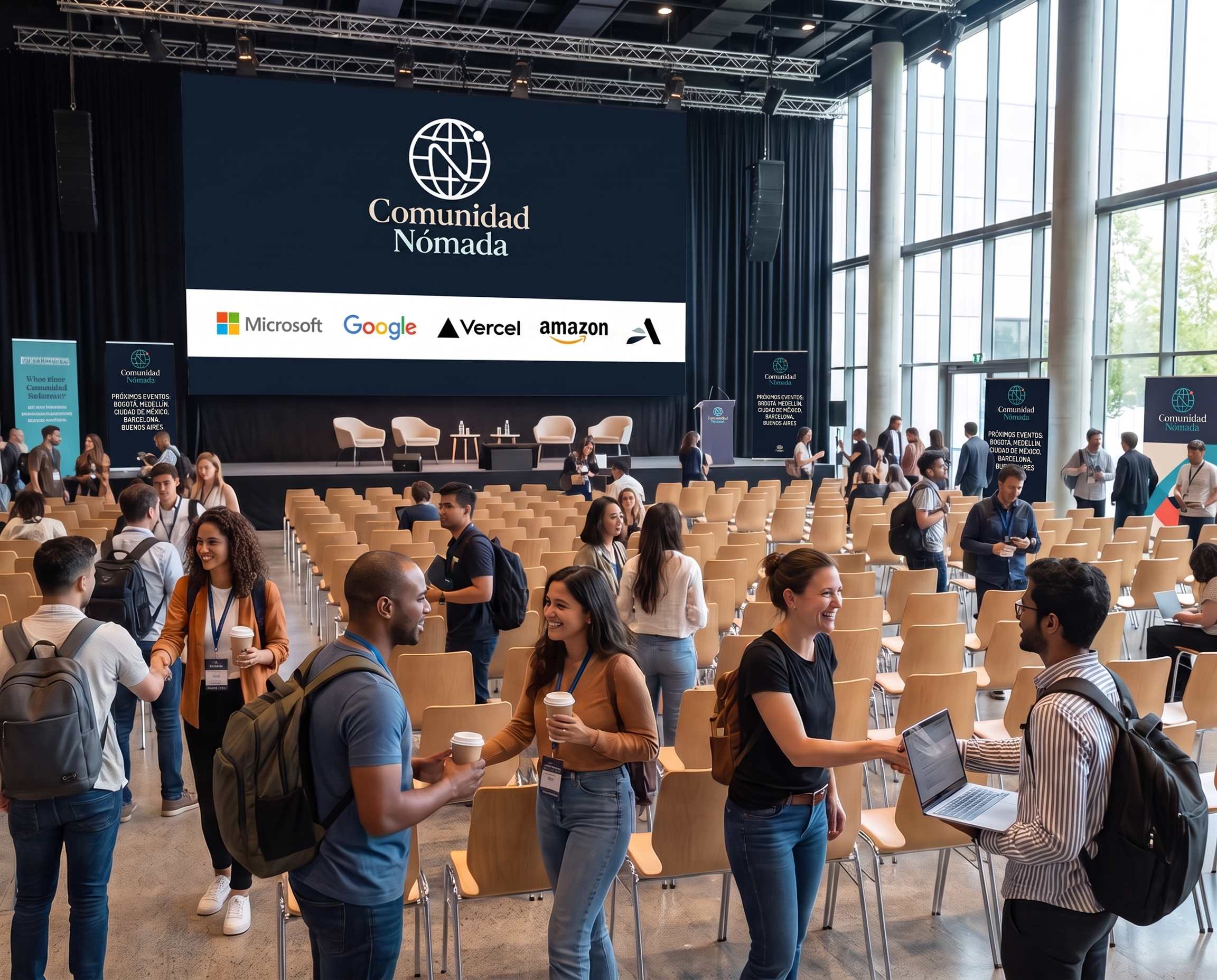 Evento profesional de Comunidad Nómada con muchos participantes y logos de empresas como Microsoft, Google y Vercel