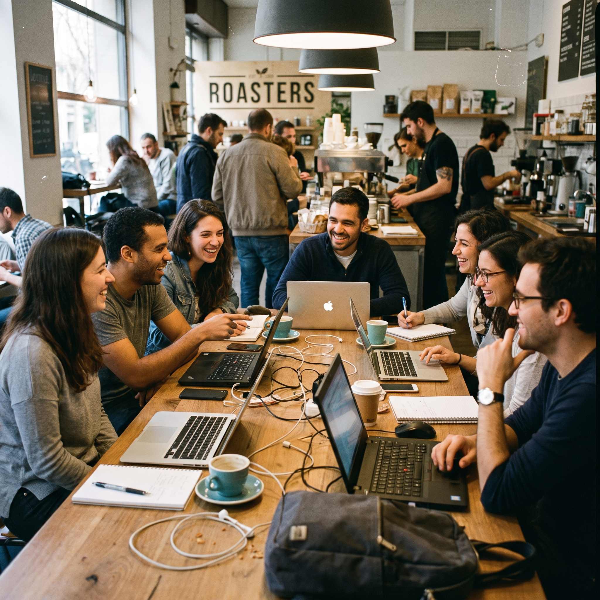 Miembros de la comunidad reunidos en persona en una cafetería de especialidad, riendo y trabajando juntos con sus laptops